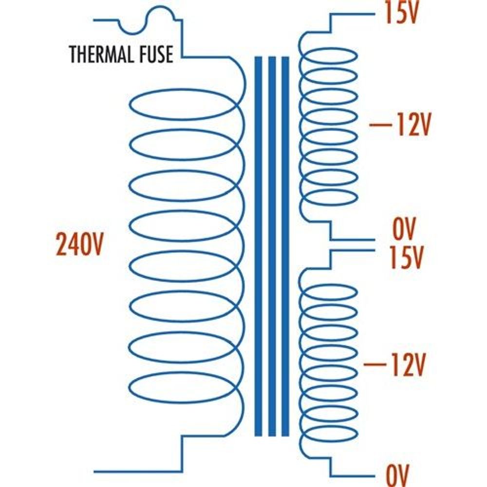 Transformer winding schematic showing thermal fuse and 240V with 15V/12V outputs