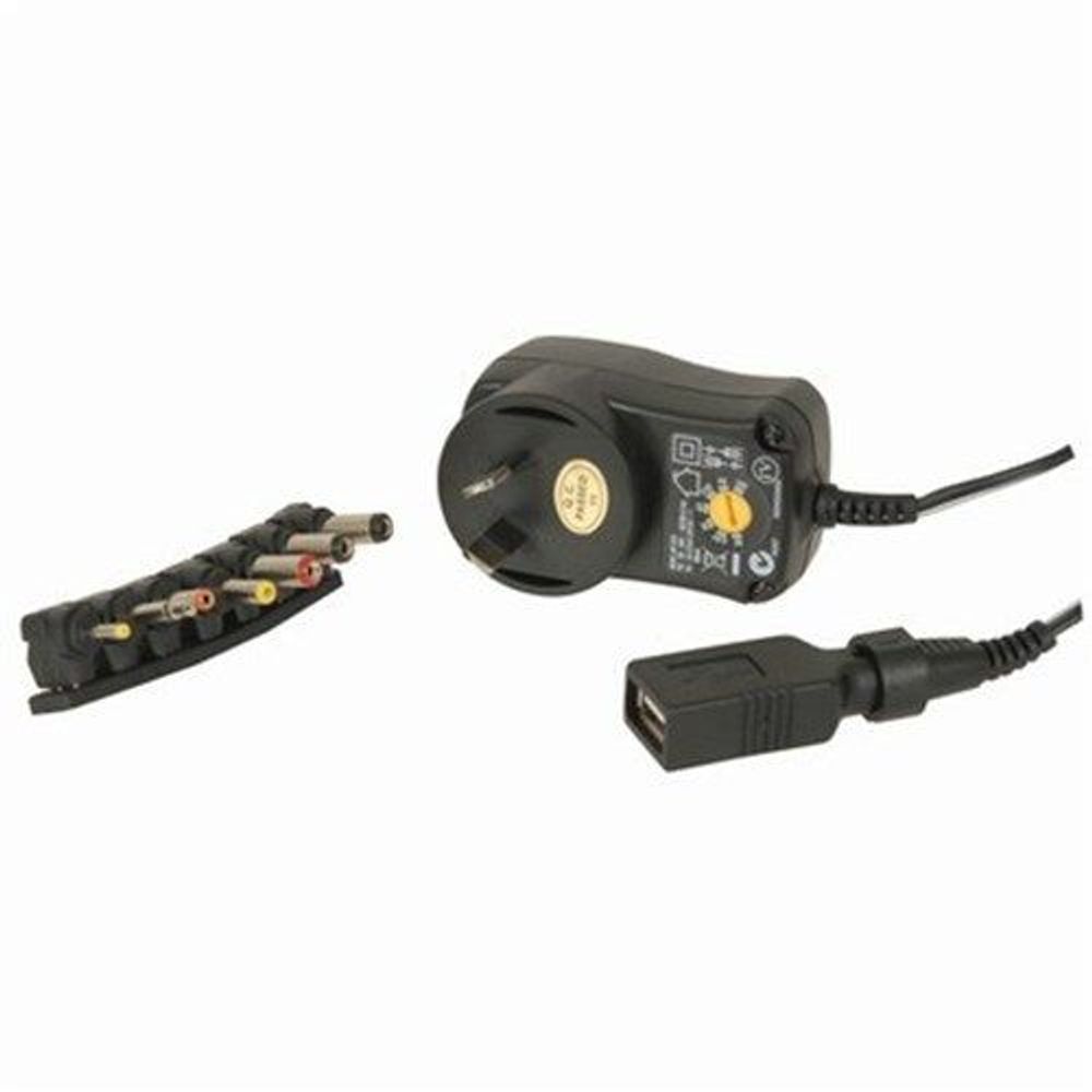 MP3312 - 3-12V DC 12W Power Supply 7DC Plugs and USB Outlet