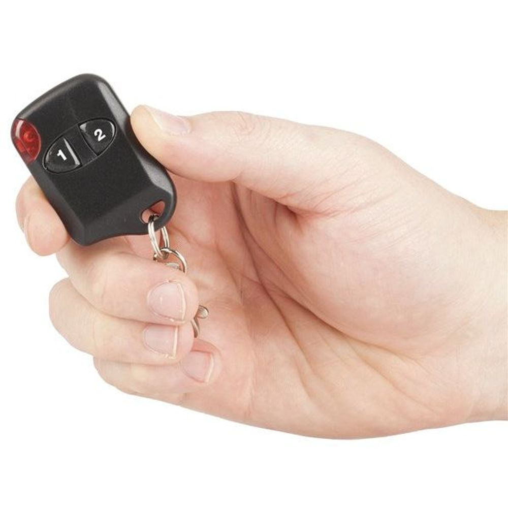Black 2-button key fob remote held in hand with keyring attached