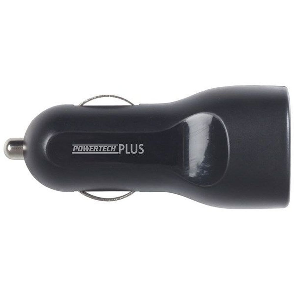 Dual USB car adaptor with POWERELD PLUS branding and cigarette lighter plug