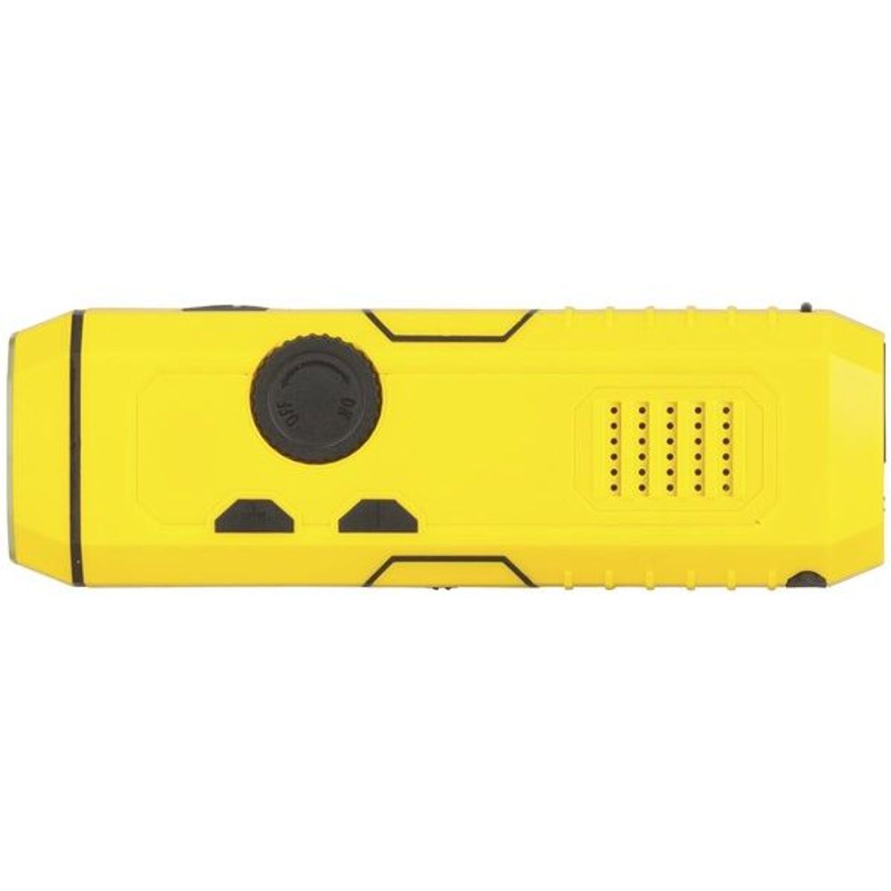 Yellow Techlight dynamo emergency radio torch side with speaker grille and control dial