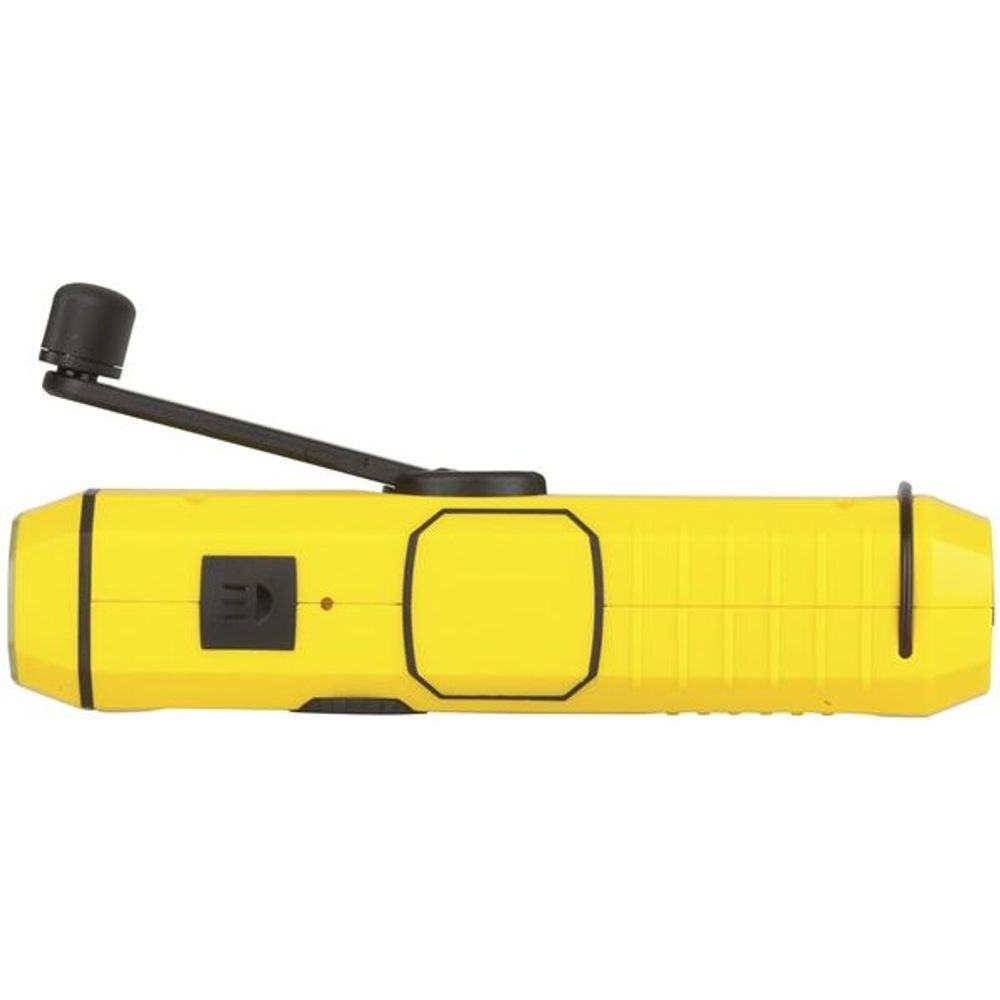 Yellow Techlight dynamo radio torch with pivoting flashlight head and side buttons