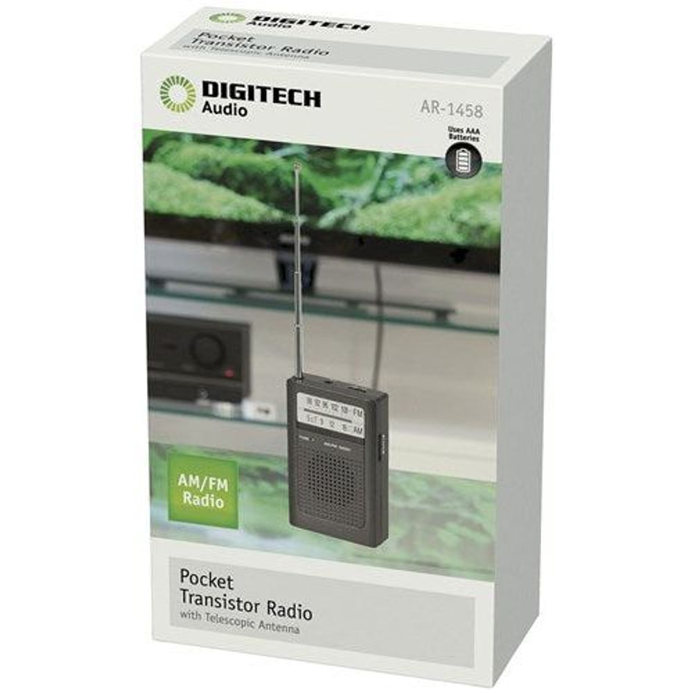DIGITECH AR-1458 AM/FM transistor radio retail box with pocket radio image