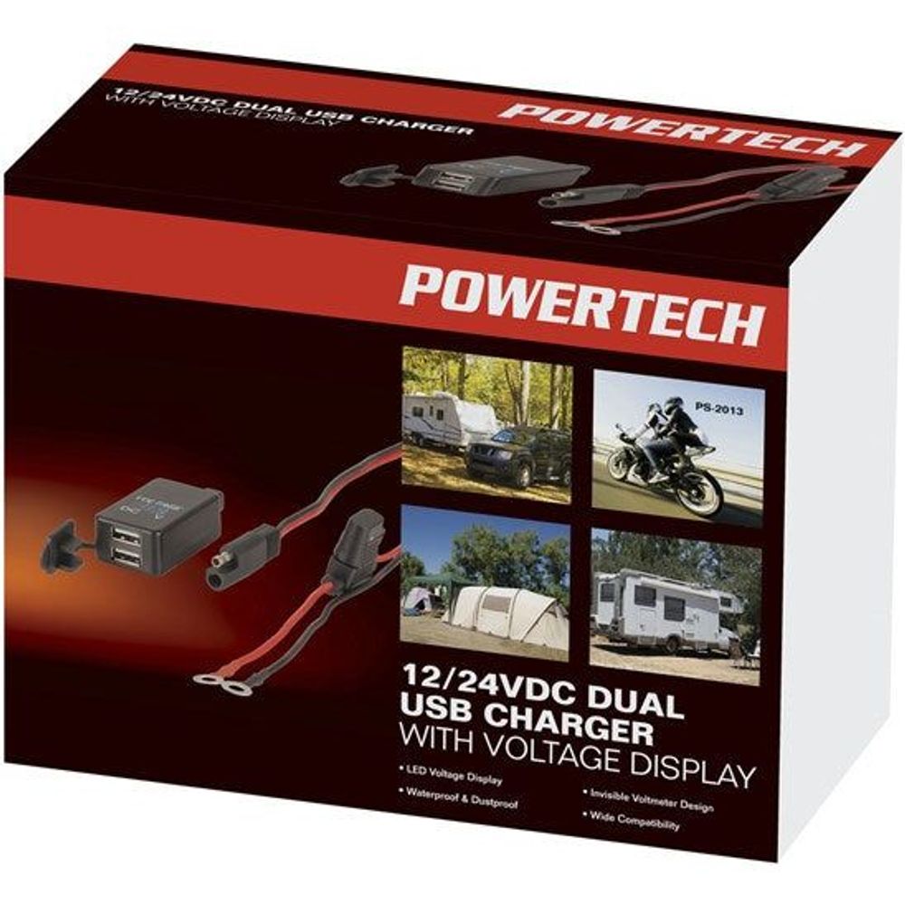PowerTech 12/24V dual USB charger retail box with voltage display