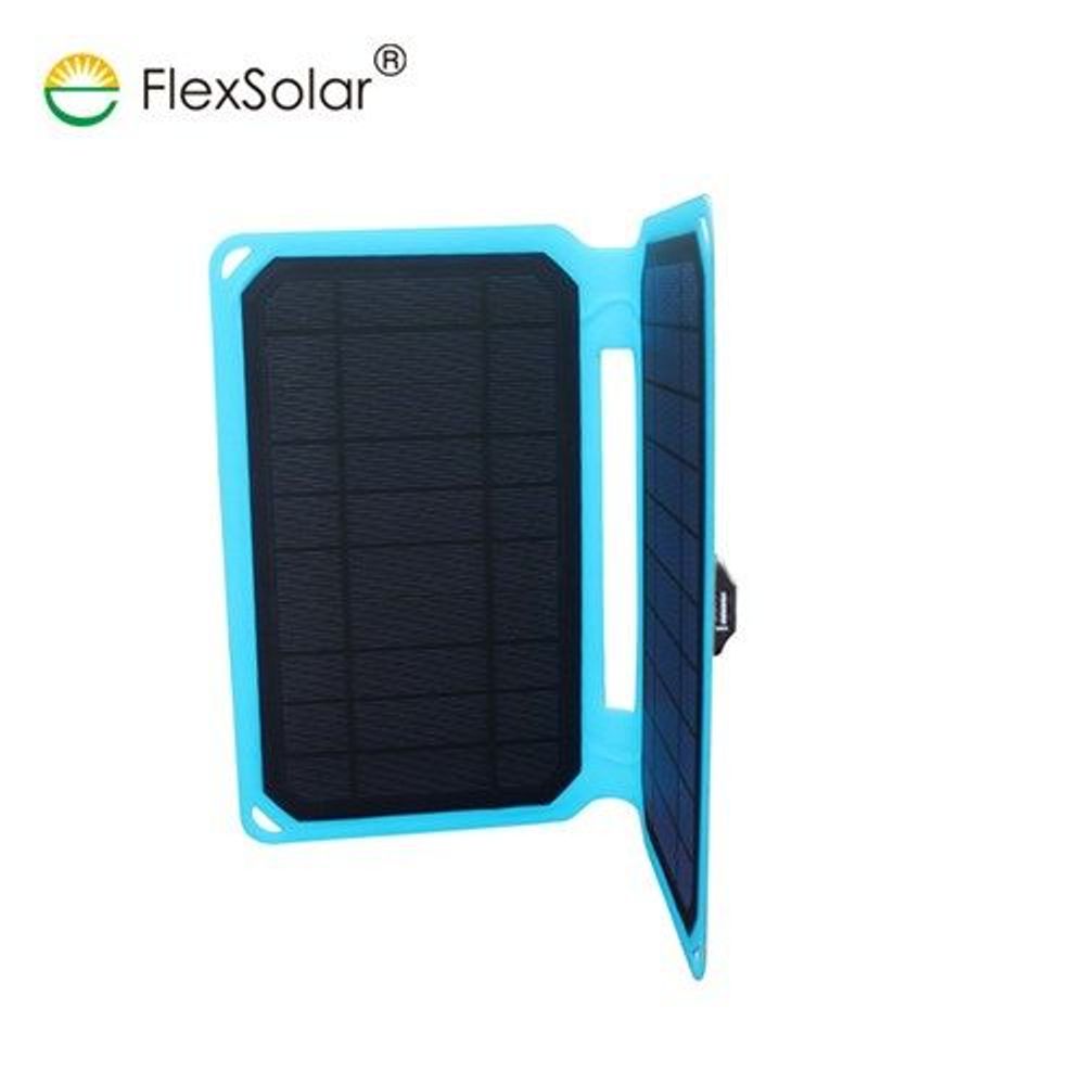 Foldable solar mobile charger with dark solar panel and built-in USB port, side