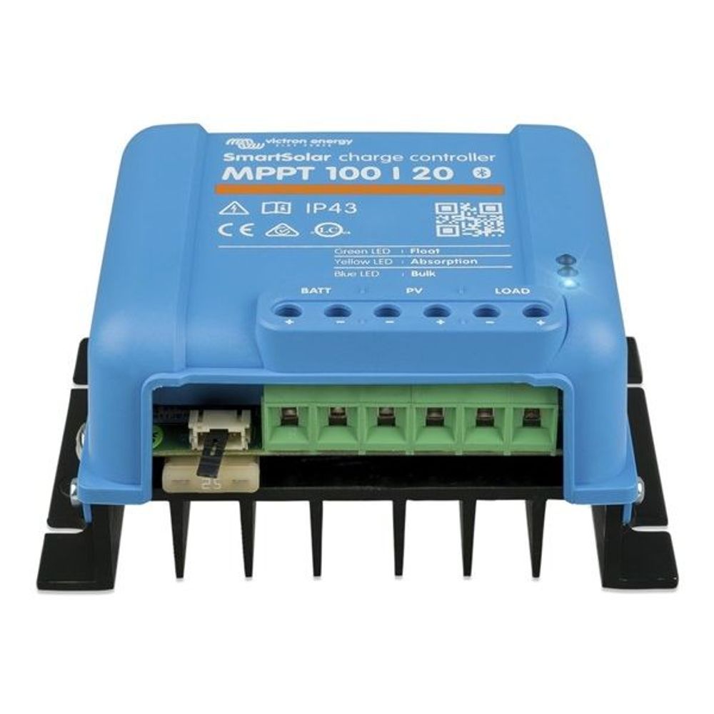 Blue Victron SmartSolar MPPT controller with open green terminal area and front label