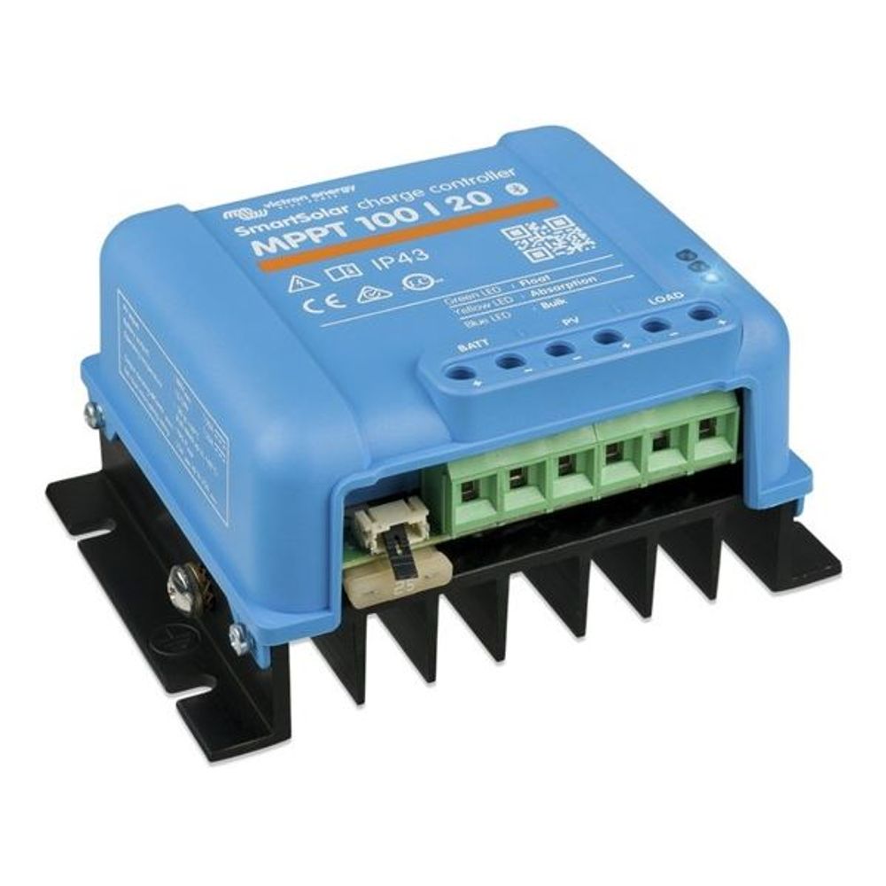 Blue side view of Victron SmartSolar MPPT solar charge controller with green terminals