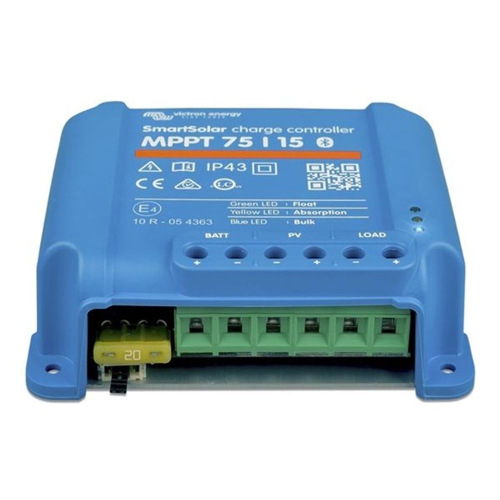 Blue MPPT charge controller with green terminal block and labeled BAT, PV, and LOAD ports