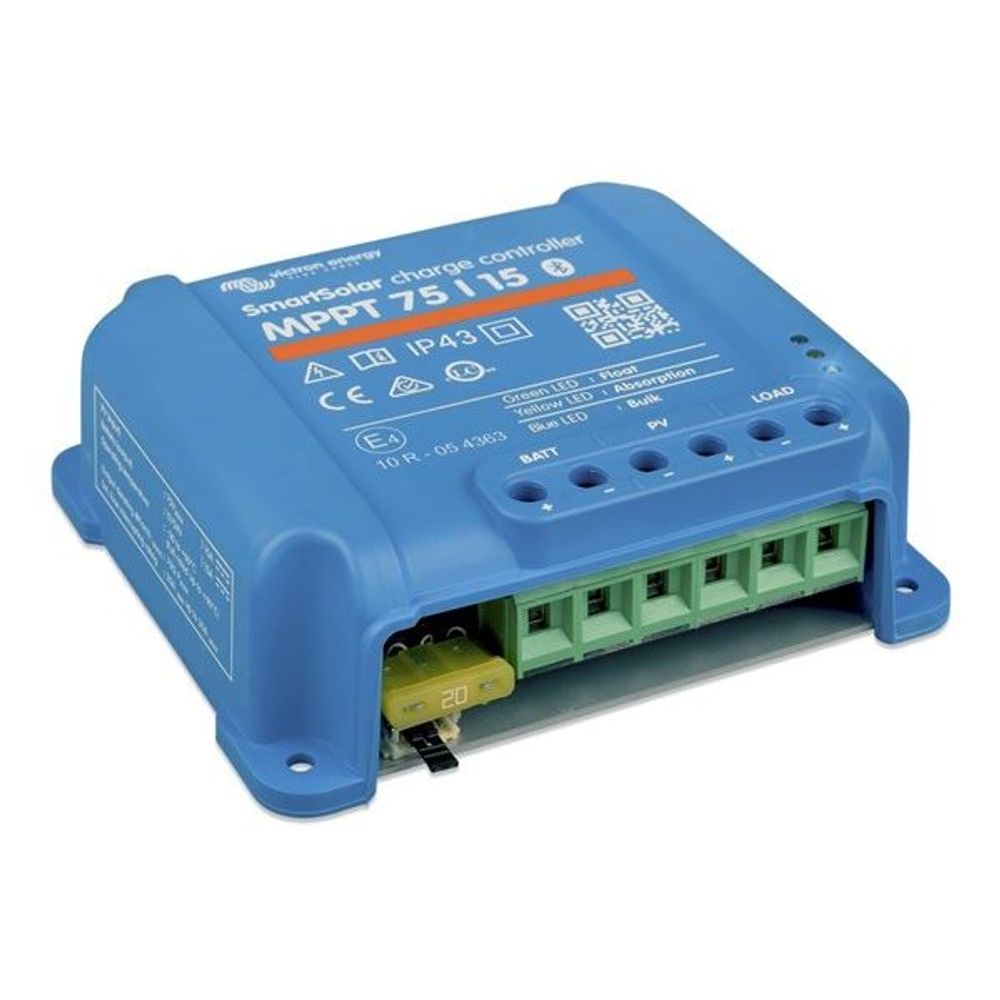 Blue charge controller angled view showing terminal block under the front cover, IP43