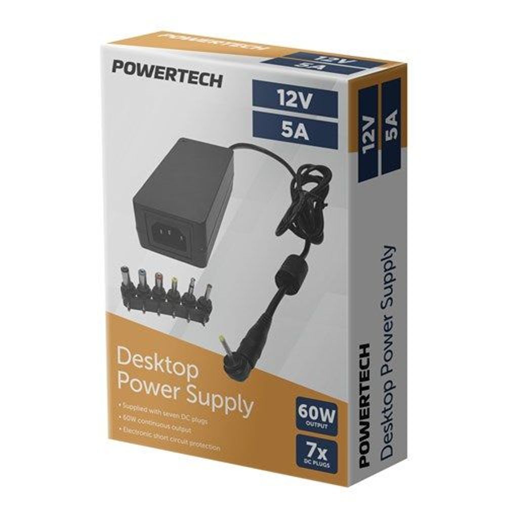 POWERTECH desktop power supply box, 12V 5A, with DC plug set