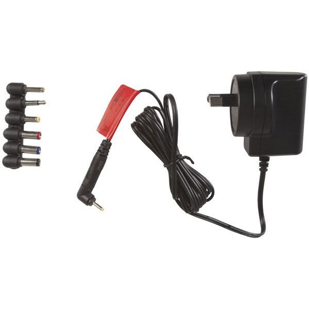 Ultra-slim 12V DC power adapter with long cable and multiple interchangeable DC plug heads
