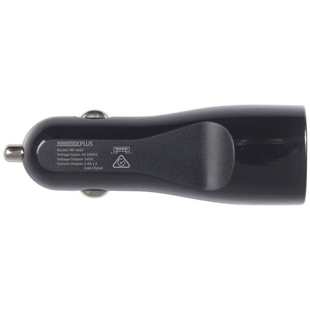 Dual USB car cigarette lighter adaptor plug with label, black body