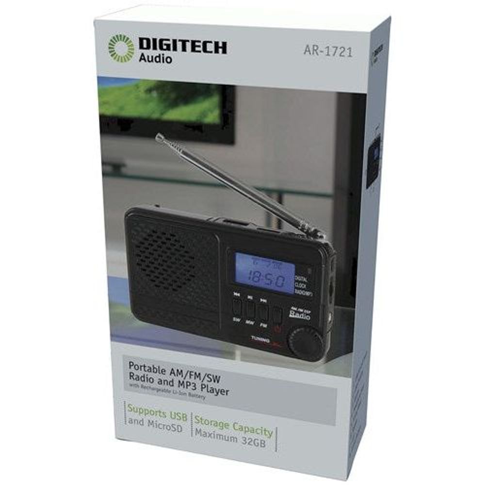 DIGITECH portable AM/FM/SW radio and MP3 player retail box, model AR-1721