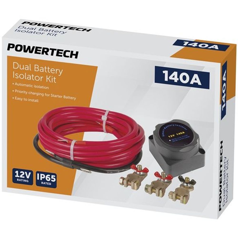 Dual battery isolator kit retail box with red cable and black module, 140A rating