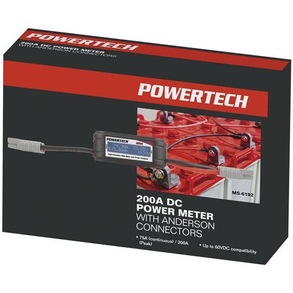 Powertech DC power meter retail box with 200A Anderson connectors graphic