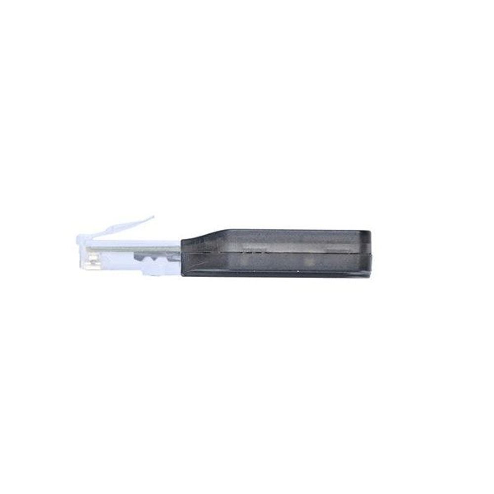 WiFi adaptor with transparent RJ45 plug and black housing, side profile