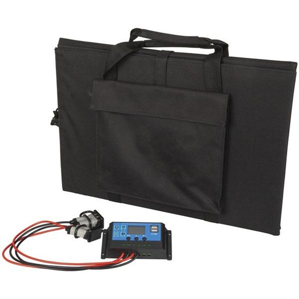Black solar blanket kit with carry bag, charge controller, and red/black cables