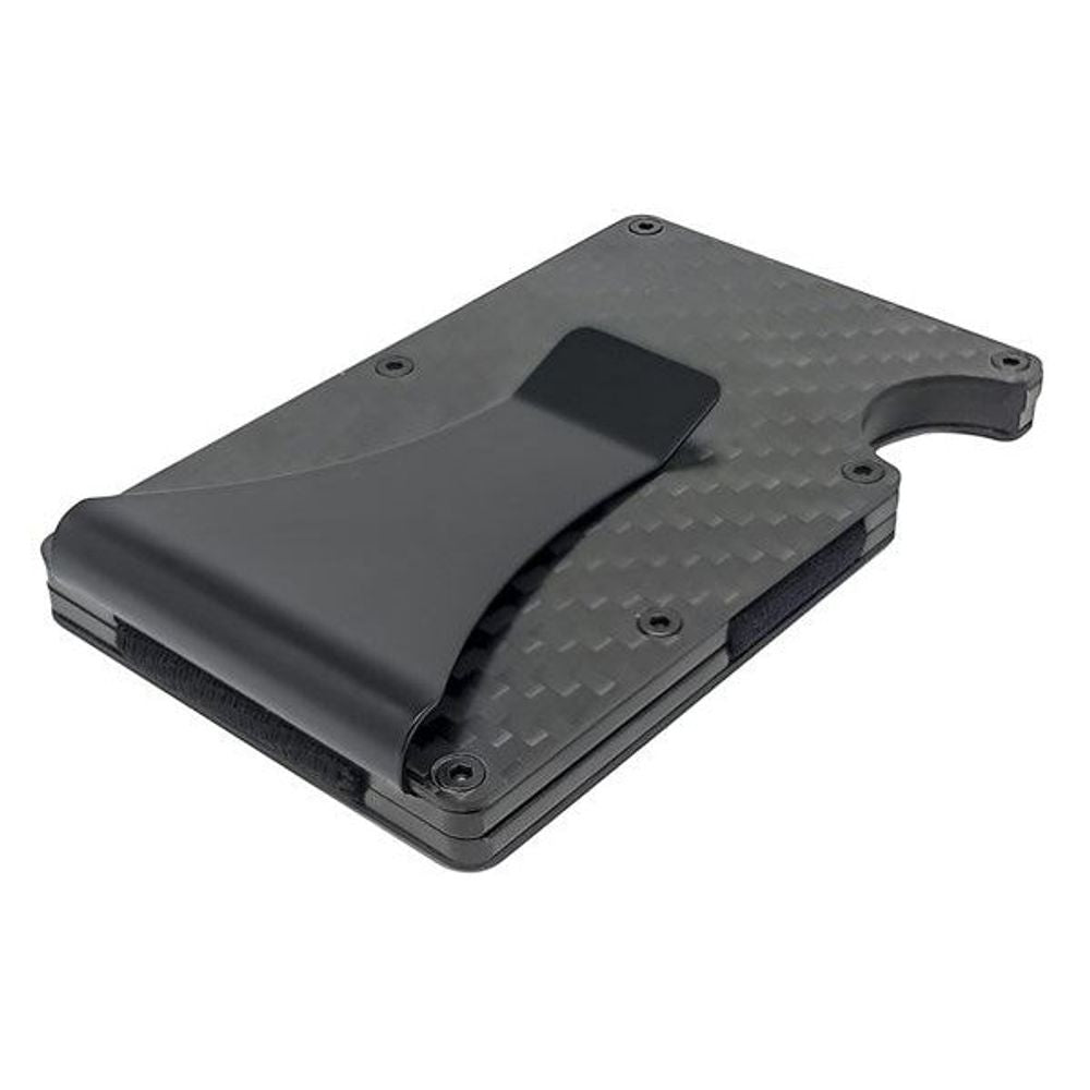 Carbon fiber card holder in dark gray with thumb pull tab and RFID blocker
