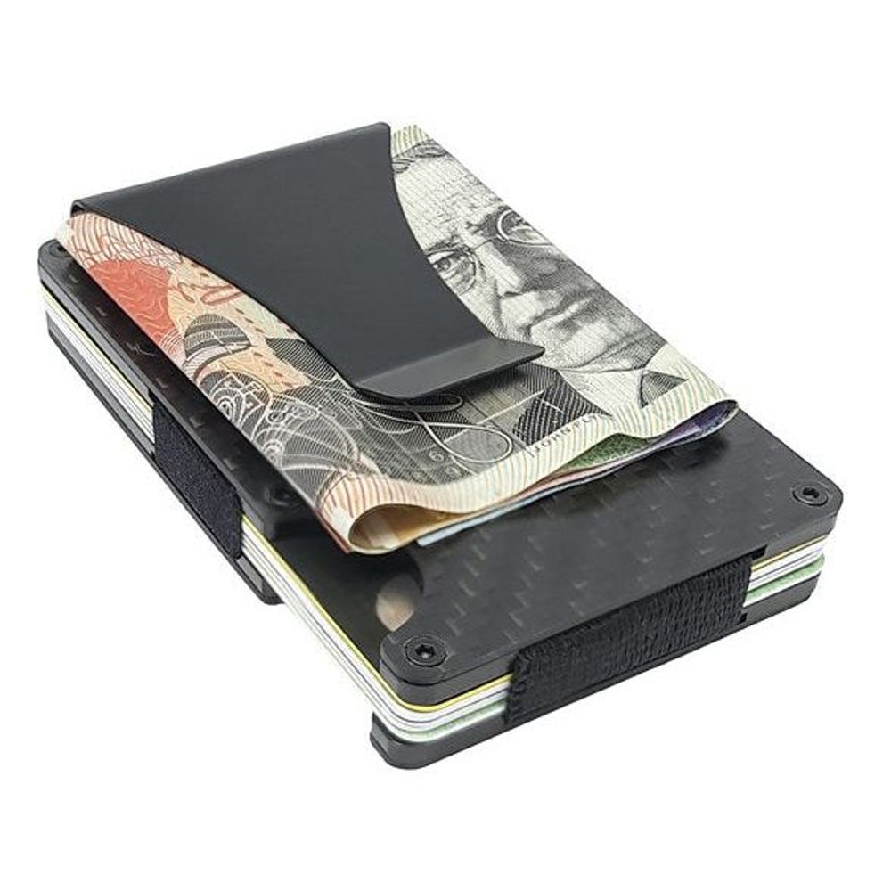 Carbon fiber card holder with patterned cash sleeve, dark pull tab, RFID-blocking