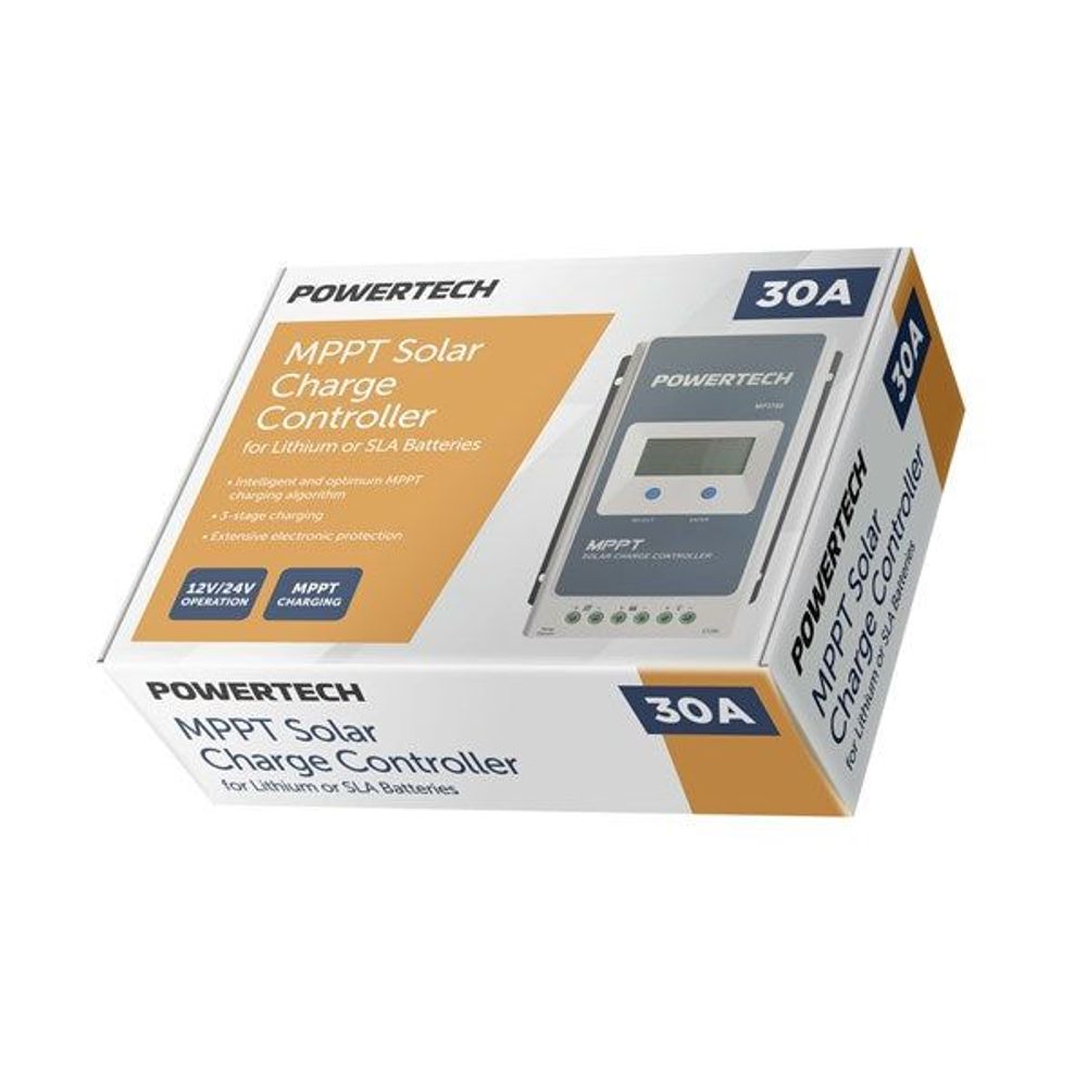 MPPT solar charge controller retail box with 30A rating graphics