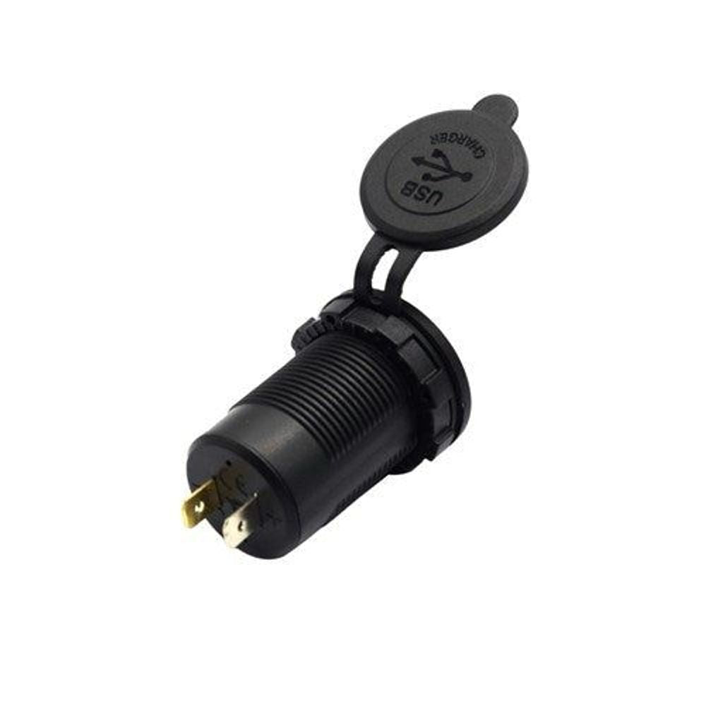 Black 12V car charger plug with USB-C connector and fold-out dust cap