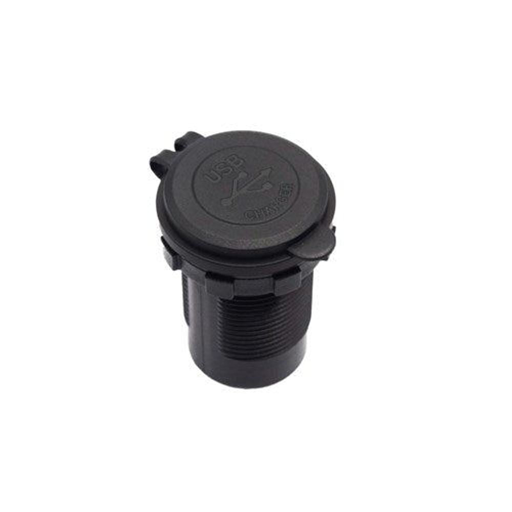 Black car charger socket with USB-C dust cover and threaded mount