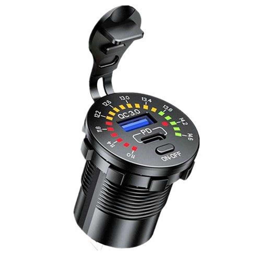 Black car USB-C charger with QC 3.0/PD indicator and ON-OFF control
