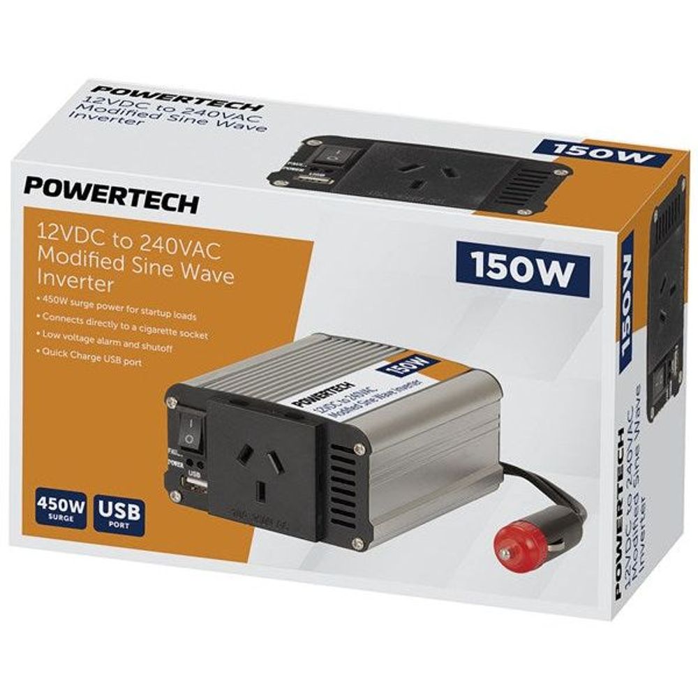 Modified sine wave power inverter, silver/black, 12VDC to 230VAC, with USB and outlets