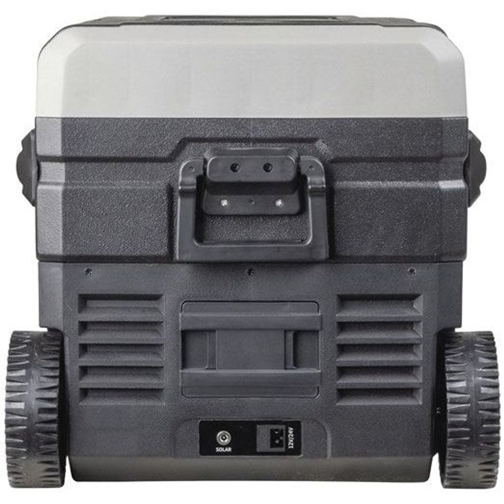Portable dual-zone fridge/freezer, rear panel with vents, solar/battery ports, rugged wheels