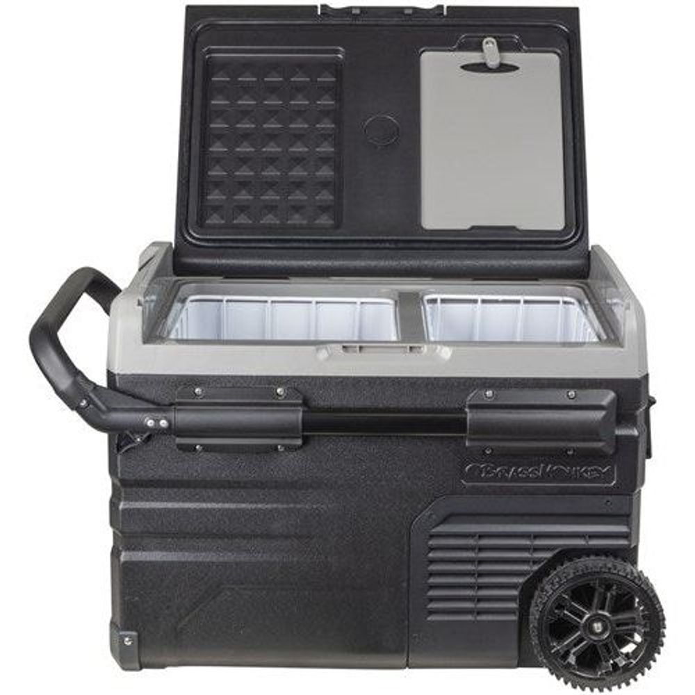 Portable dual-zone fridge/freezer with wheels, open lid and removable divider trays