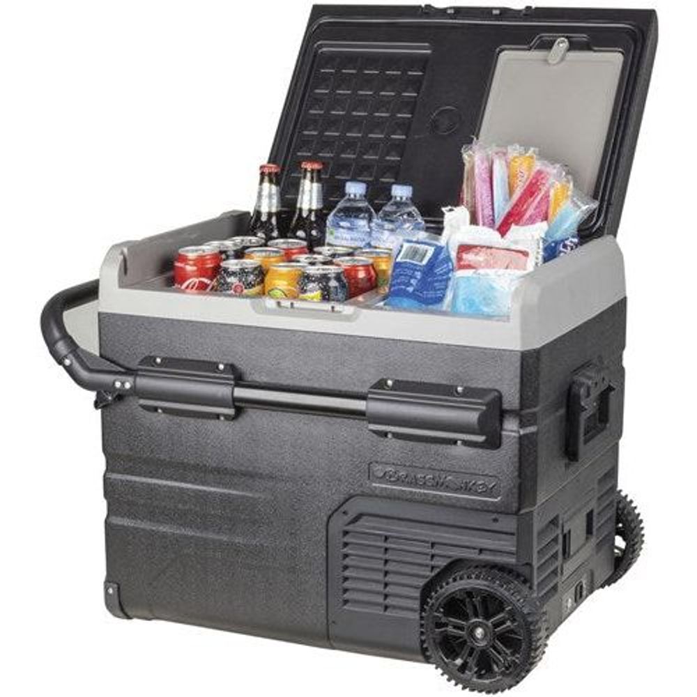 Portable dual-zone fridge/freezer with lid open, storing food and drink containers