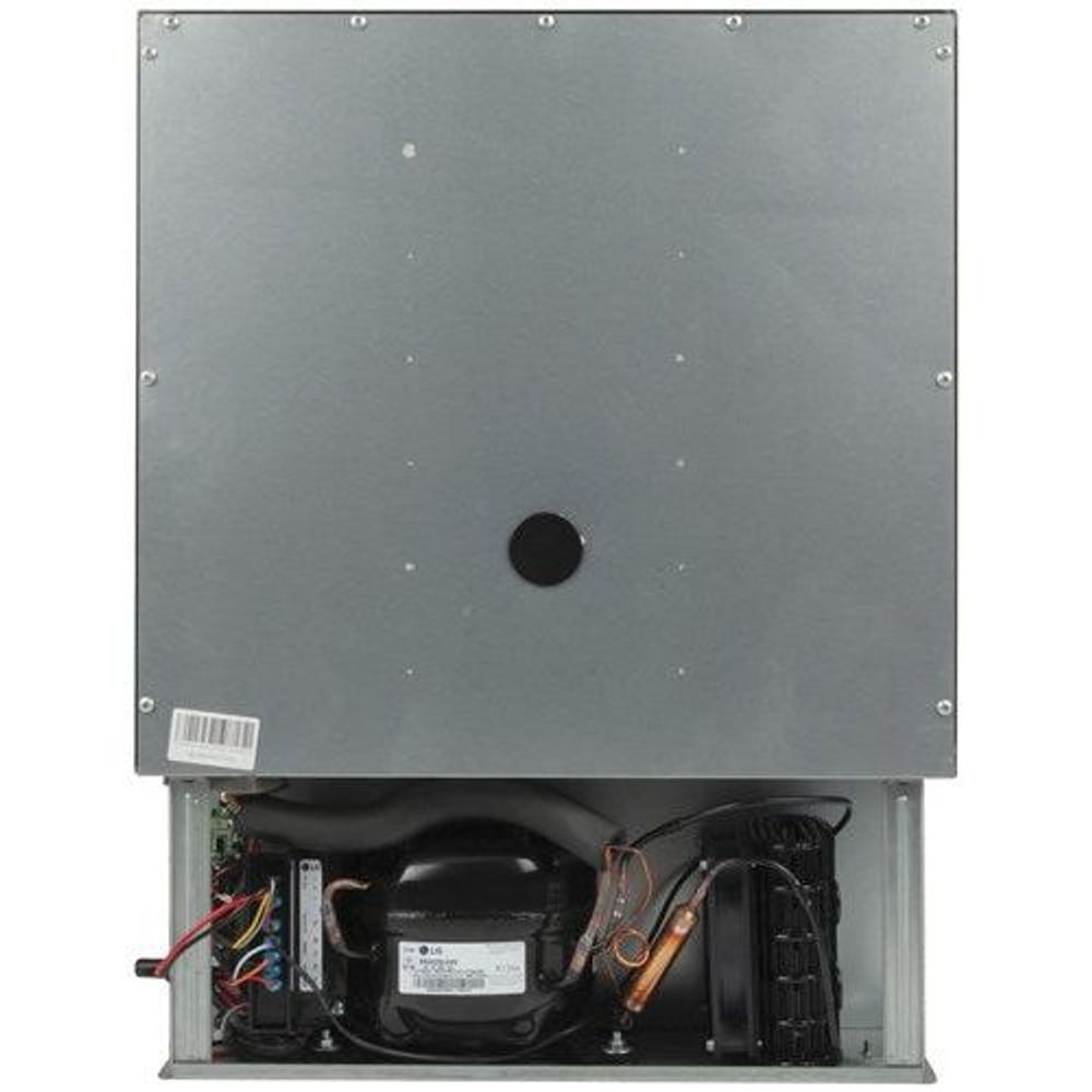 Caravan fridge rear view with compressor and wiring visible under top panel