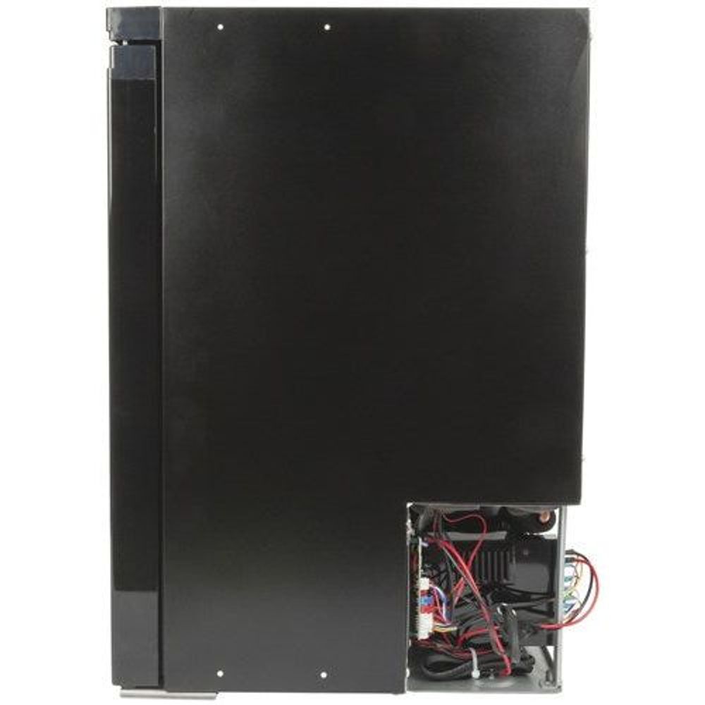 Caravan fridge underside with exposed wiring and internal components