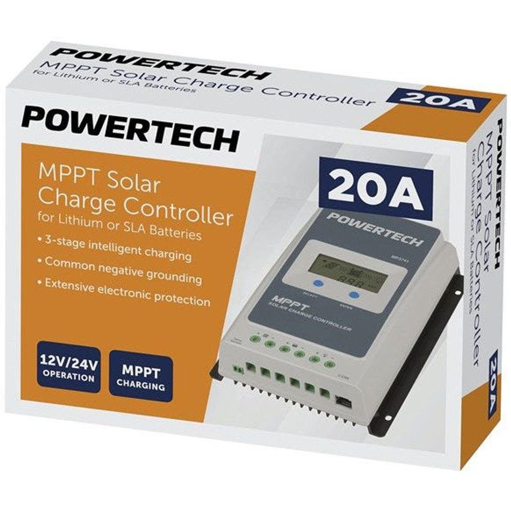 Retail box for MPPT solar charge controller showing 20A label and controller image