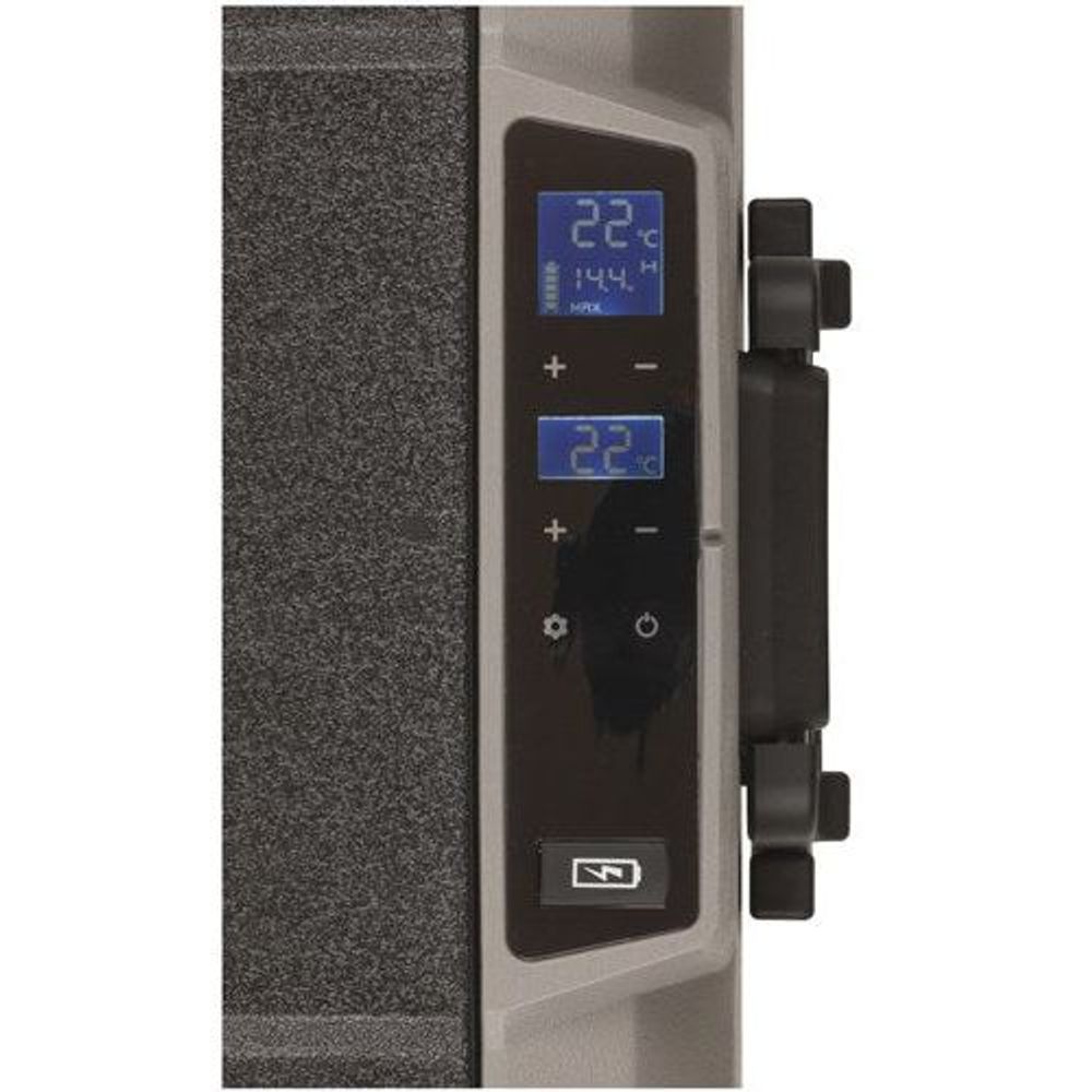 Portable dual-zone fridge/freezer control panel with digital temperature display and buttons