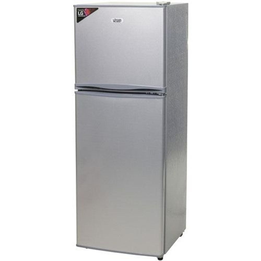 Brass Monkey slim-line double door fridge/freezer, silver, front view