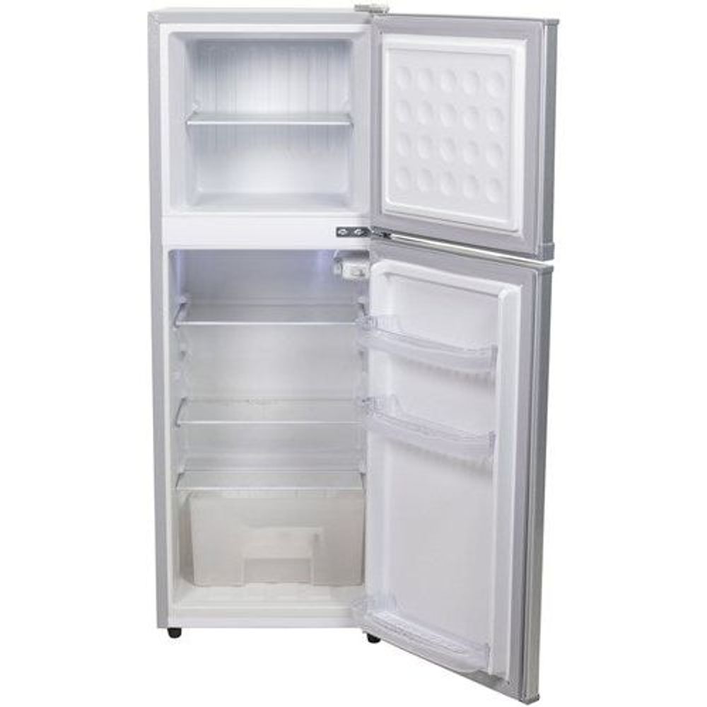 Brass Monkey slim-line double door fridge/freezer, open doors with shelves