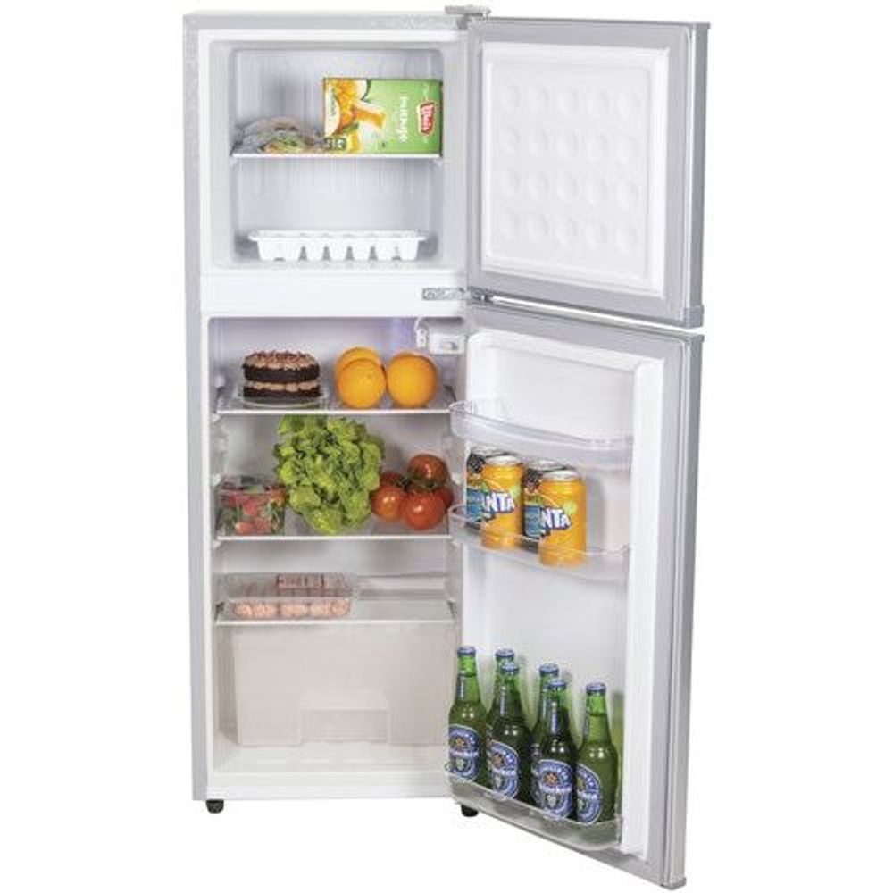 Brass Monkey slim-line double door fridge/freezer, open interior with drinks and produce