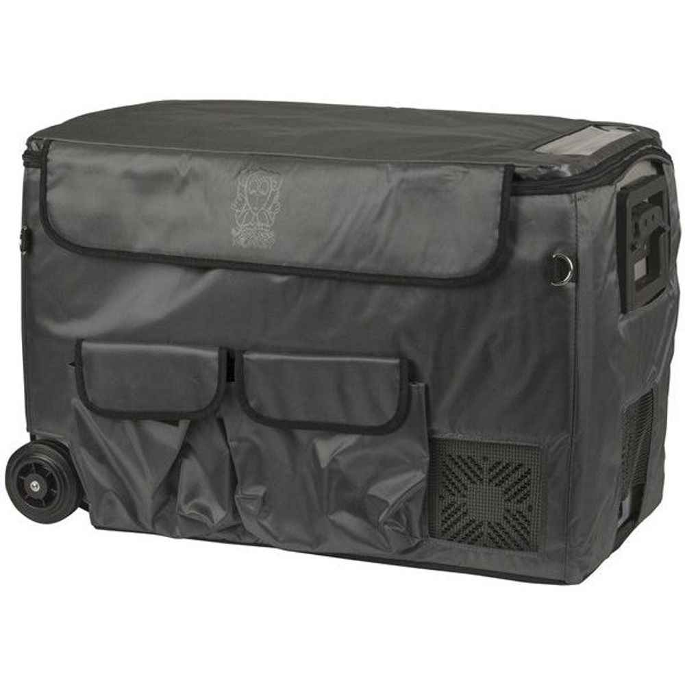 Grey insulated portable fridge cover with front storage pockets, side vents, and zipper