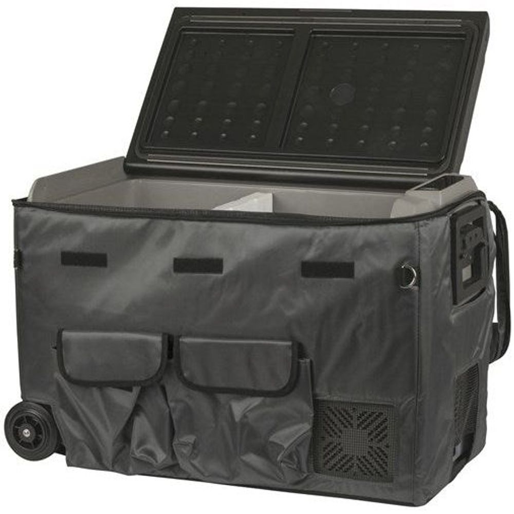 Grey insulated fridge cover open on top; front organizer pockets and zipper closure
