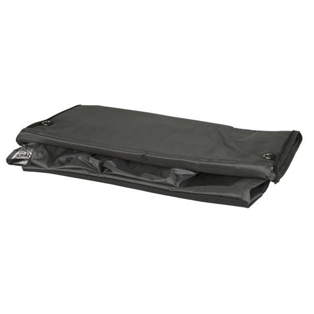 Grey insulated fridge cover folded flat with straps and corner grommets