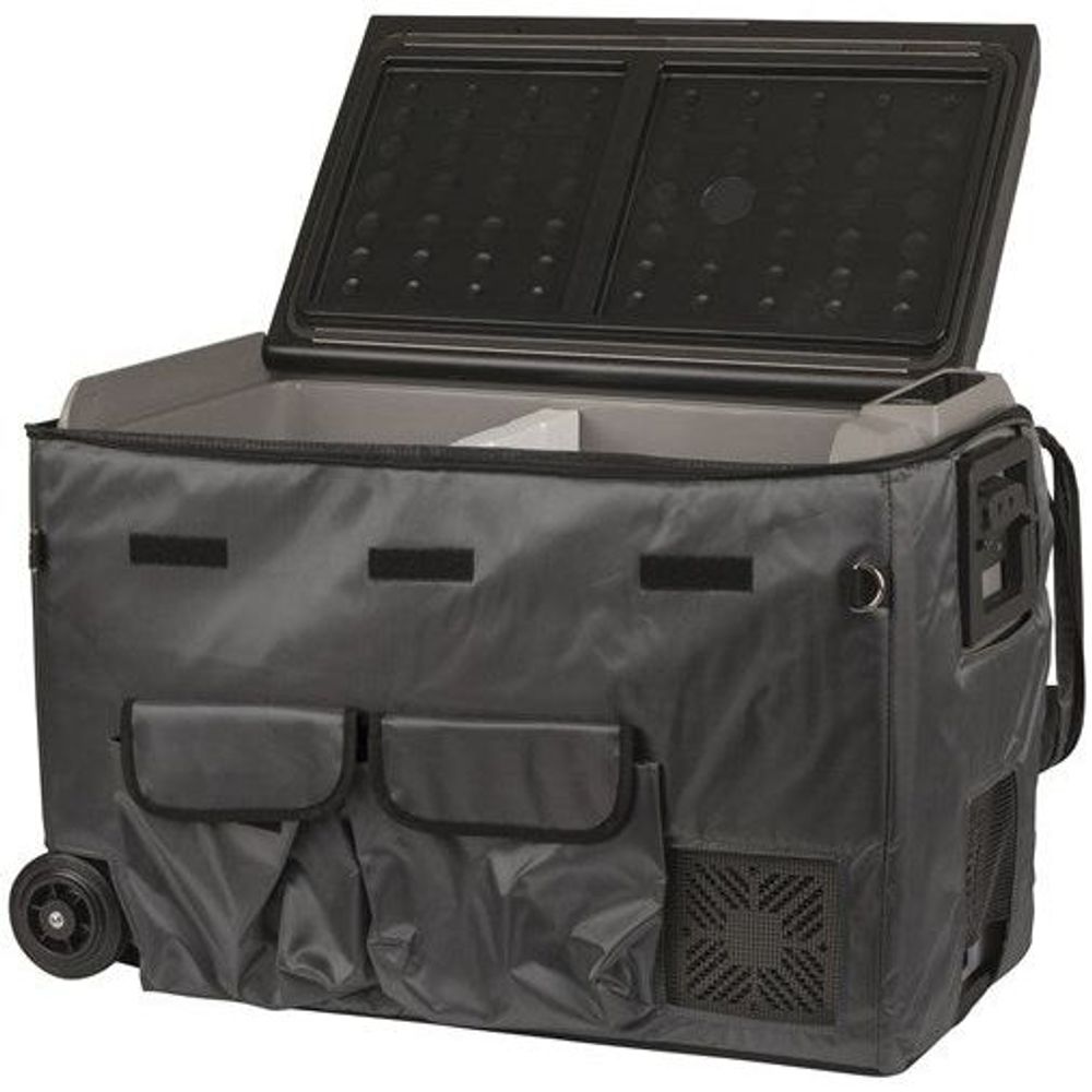 Grey insulated portable fridge cover with open lid, front pockets and carry straps