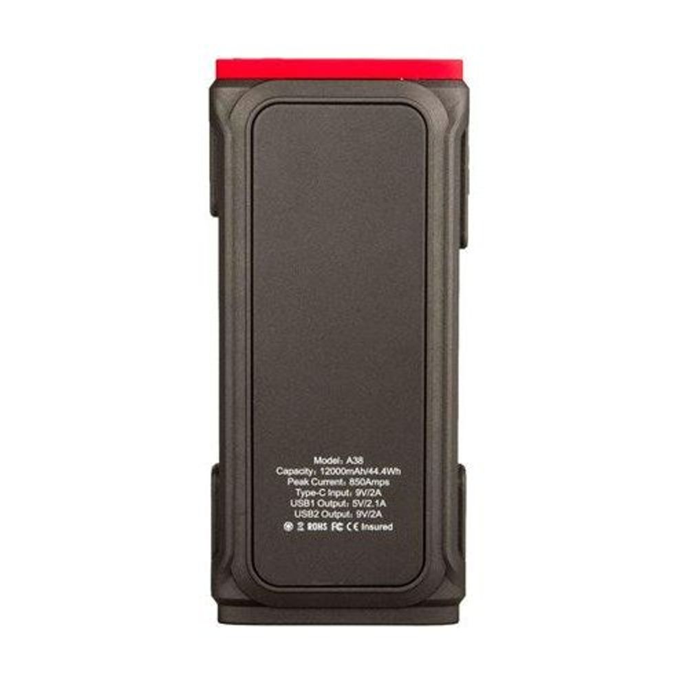 Black 12V jump starter/power bank back panel with model and electrical specs