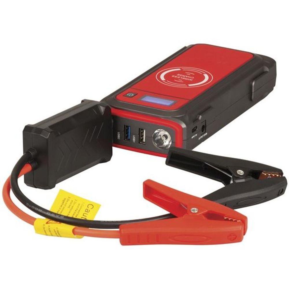 Black and red jump starter with battery clamps, cables, and USB ports