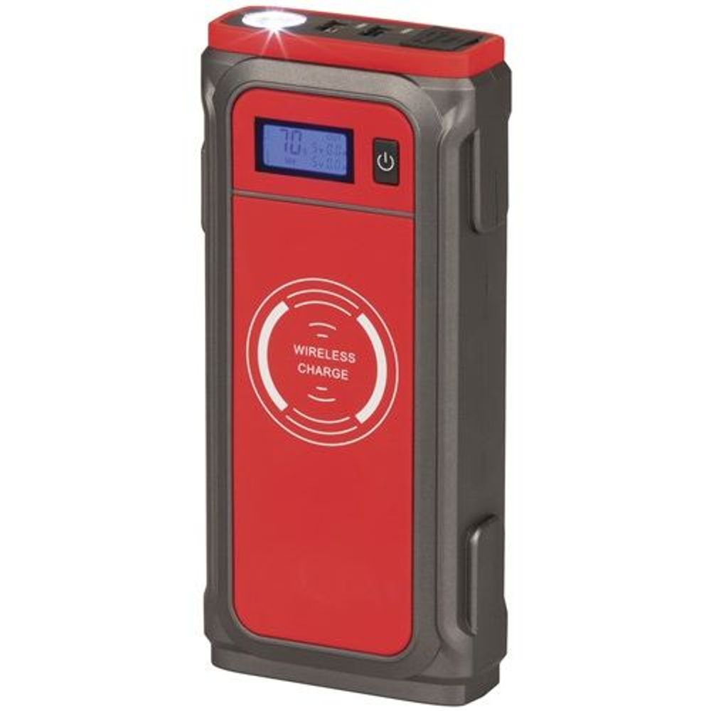 Red jump starter powerbank with LCD screen, power button, and wireless charging icon