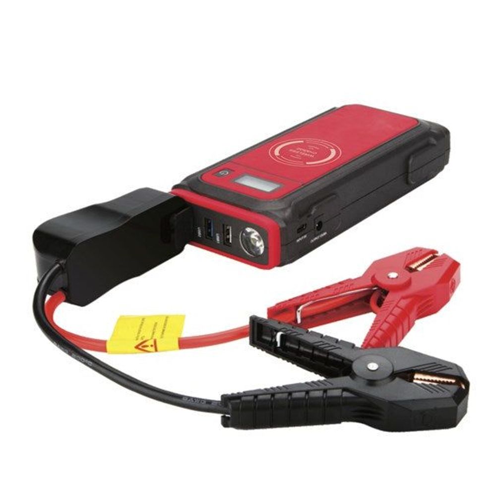 Red-and-black jump starter with charging cable and battery clamp leads