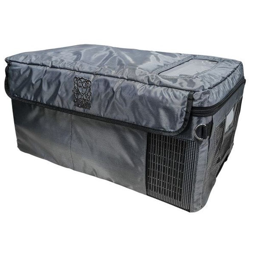 Grey insulated portable fridge cover with owl logo, zipped front and mesh panel