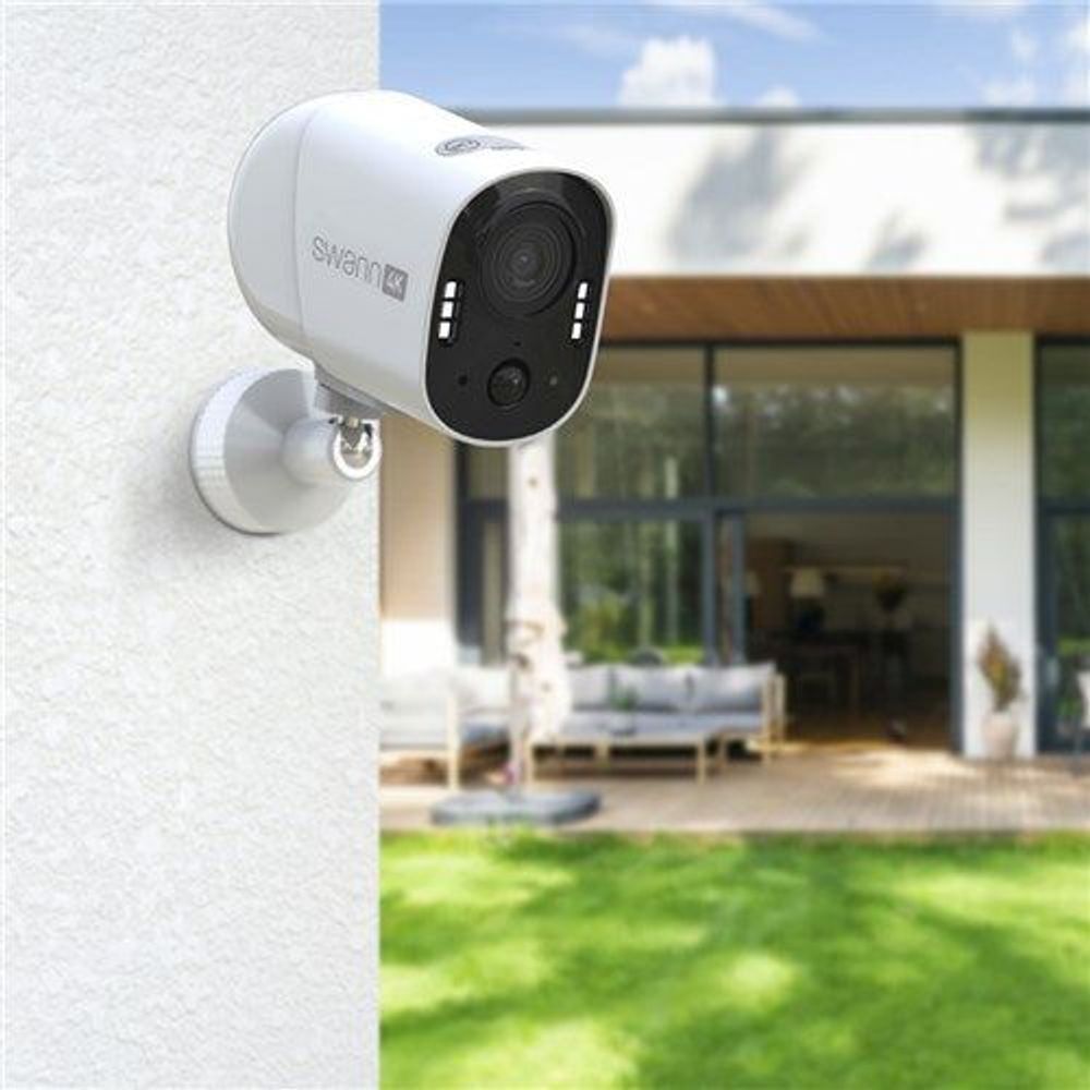 White Swann 4K battery-powered Wi‑Fi security camera on wall mount