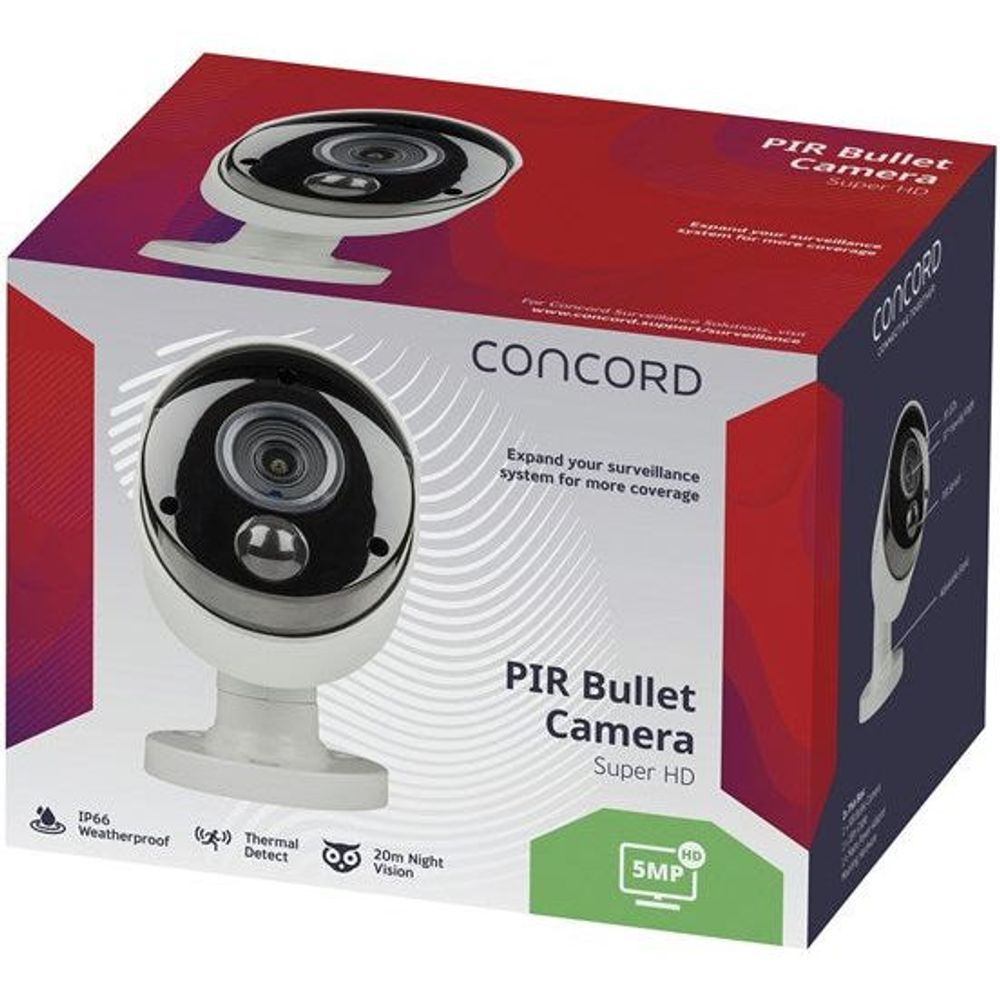 Concord PIR bullet camera retail box showing the white and black bullet camera
