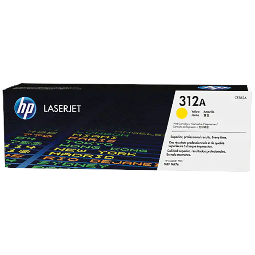 HP LaserJet 312A Yellow toner cartridge in box with color badge